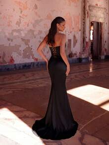ADYCE Elegantes schwarzes Bandeau-Top mit plissierter Spitze, Fischgräten-Design, hoher Taille, Schlitz hinten, Bindeband und Fishtail-Saum, bodenlanges Kleid für Abschlussball, Geburtstagsparty, Abend, Herbst - Schwarz - Übersicht 2