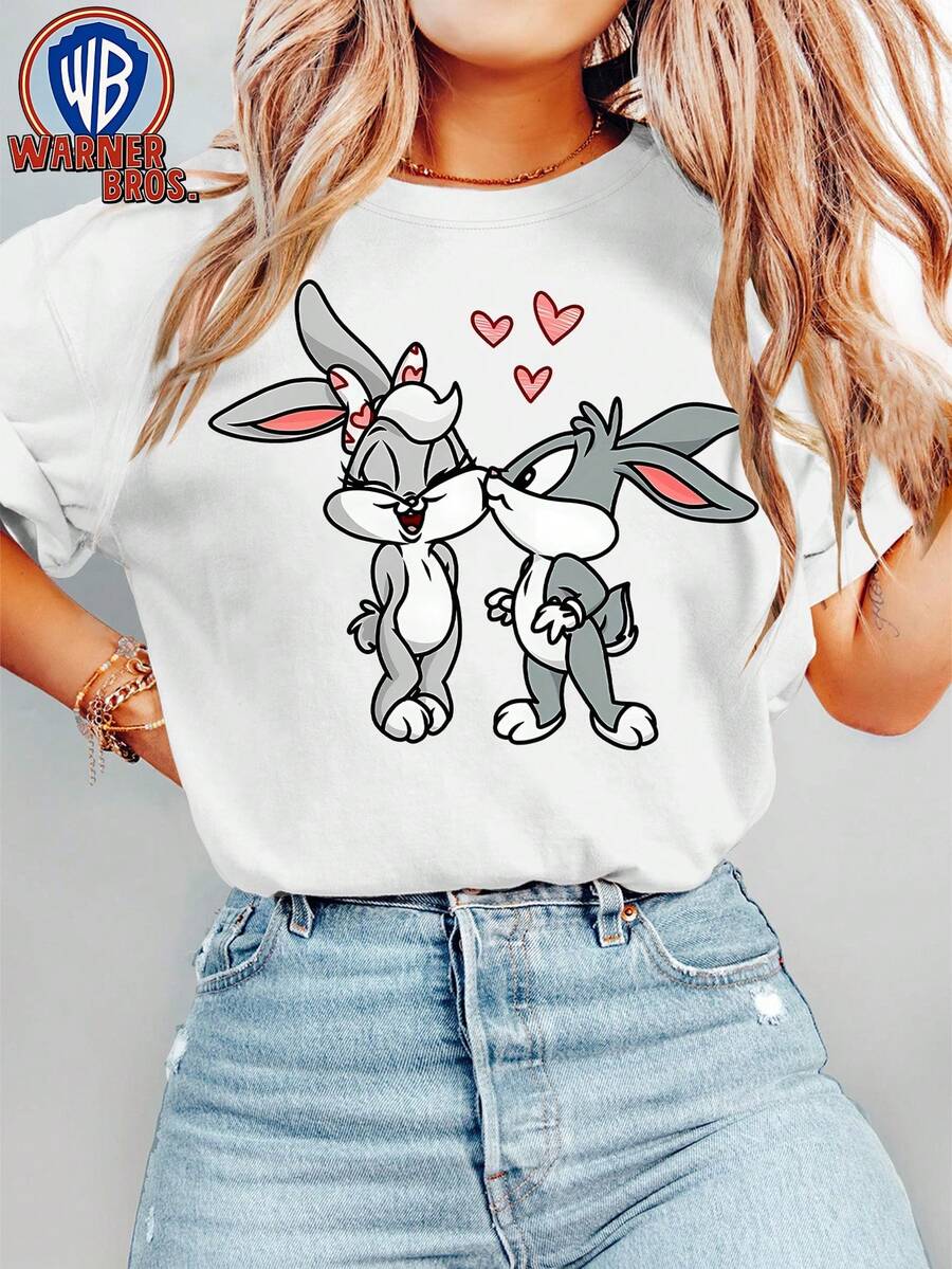 Camiseta de verano para mujer, estampado dulce de y Lola Bunny con estilo de dibujos animados, camiseta de manga corta con cuello redondo estilo personaje de dibujos animados, pel - Blanco - Ver 1