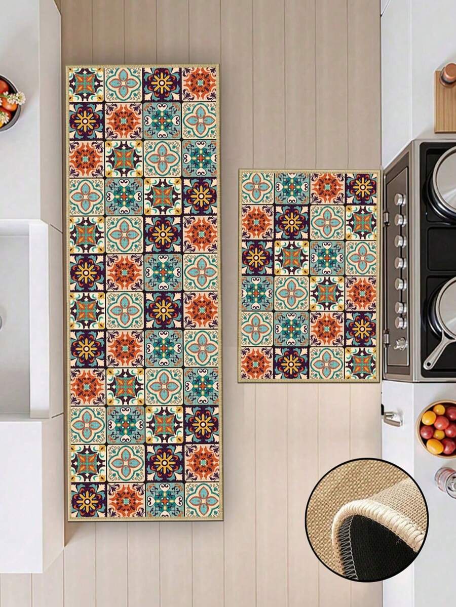 1pc Colorful Moroccan Flower Tile Kitchen Mat 3.5mm Soft Rubber Water-Absorbing Mat, Suitable For Kitchens, Bathrooms, Living Rooms, Outdoor Door Mats, Kitchen Rugs, Home Decor, Toilet Mats. - Multicolor - View 1