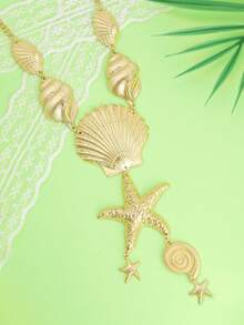 1 pieza Collar exagerado de estilo oceánico con concha, caracol y estrella de mar para niña, verano y vacaciones en la playa - Dorado - Ver 1
