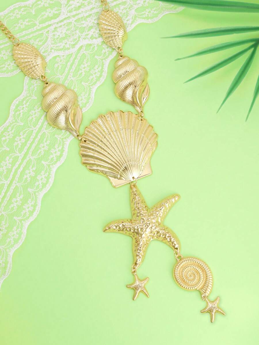 1 pieza Collar exagerado de estilo oceánico con concha, caracol y estrella de mar para niña, verano y vacaciones en la playa - Dorado - Ver 1
