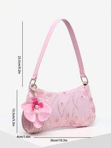 1pc Women's Vintage Vacation Marine Life Floral Beaded Sequin Mesh Faux Fur Tail Woven Pendant Shoulder Underarm Baguette Bag Suitable For Dating, Outing, Vacation, Party (Random Pattern) - Pink - View 6