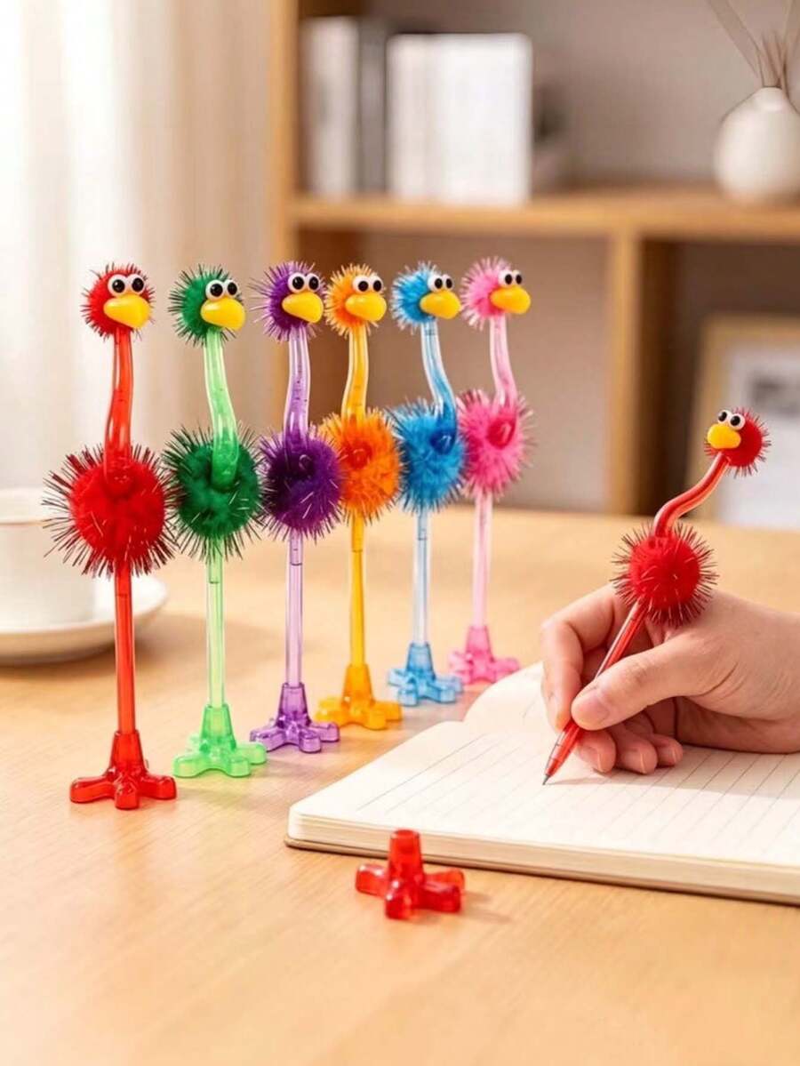 5支可愛毛絨鴕鳥圓珠筆,趣味紓壓卡通鳥筆,學生文具禮品,桌面裝飾,開學文具 - 鴕鳥原子筆 - 查看 1