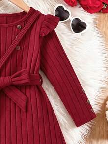 Girls' Fashion Flutter Sleeve Belted Button Long Sleeve Dress - Red - View 4