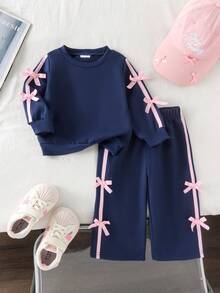 2pcs Baby Girl Minimalist Sporty Bow Contrast Design Round Neck Long Sleeve Thin Sweatshirt & Straight Leg Pants Set Spring Autumn - Royal Blue - View 1