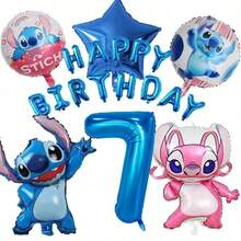 Hasbro Lilo & Stitch & Angel 主題生日氣球套組，包含數字鋁箔氣球、Stitch 與 Angel 造型鋁箔氣球、「HAPPY BIRTHDAY」字母氣球、星星氣球，藍色與粉色 CP 配色，營造可愛動畫氛圍 - 彩色 - 查看 9