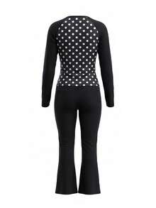 LovelyWholesale 女款休閒圓領長袖波點拼接上衣與喇叭褲兩件套，秋季優雅女裝套裝 - 黑色 - 查看 6