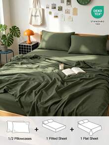 HONEYMOON 3/4件套純色床上用品套裝（3件套 = 1件床笠 + 1件床單 + 1件枕套，4件套 = 1件床笠 + 1件床單 + 2件枕套）100%聚酯纖維面料，Ins風格，適合9-12英吋深口袋，抗縮水，可機洗，適用於各種尺寸，四季通用，居家與學校宿舍使用，開學必備，Oeko-Tex認證，橄欖綠 - 橄欖綠 - 查看 2
