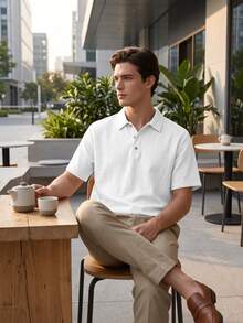 Men's Summer British Style Loose Fit Breathable Linen Polo Shirt, Casual Solid Color Button-Up Vacation Lapel Short Sleeve Lightweight Luxury - White - View 7