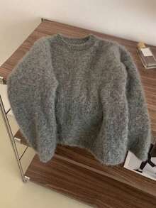 EAVA Dark Gray Round Neck Knit Sweater, Fluffy Curly Plush Fabric With Misty Atmosphere, Soft Thick Warm And Non-Irritating, Loose Drop Shoulder Wide Sleeve Hiding Body Shape And Slimming, Simple All-Match Round Neck With Ribbed Cuffs Resistant To Deformation, Short Loose Body Optimizing Body Proportion, Low Saturation High-End Gray Suitable For All Skin Tones, Suitable For Single Wear Or Layering In Autumn/Winter, Versatile Casual Lazy Pullover Top - Dark Grey - View 3