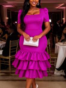 AOMEI Abito midi elegante e affascinante da donna con scollo quadrato, maniche corte a sbuffo, orlo con volant e balze, stile principessa, adatto per feste di compleanno, invitati a matrimoni, debutto in società, presentazioni aziendali, abito formale - Fucsia - Visualizzare 1