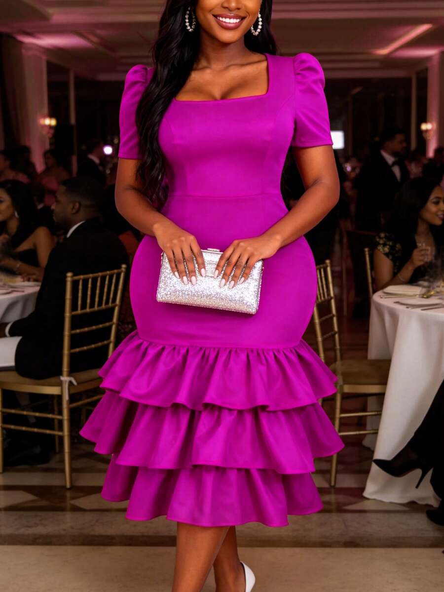 AOMEI Abito midi elegante e affascinante da donna con scollo quadrato, maniche corte a sbuffo, orlo con volant e balze, stile principessa, adatto per feste di compleanno, invitati a matrimoni, debutto in società, presentazioni aziendali, abito formale - Fucsia - Visualizzare 1