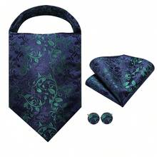 Navy Blue Green Leaf Vine Ascot Cravat And Accessories, 4 In 1 Formal Neckwear Set With Corsage For Banquet - Mint Blue - View 3