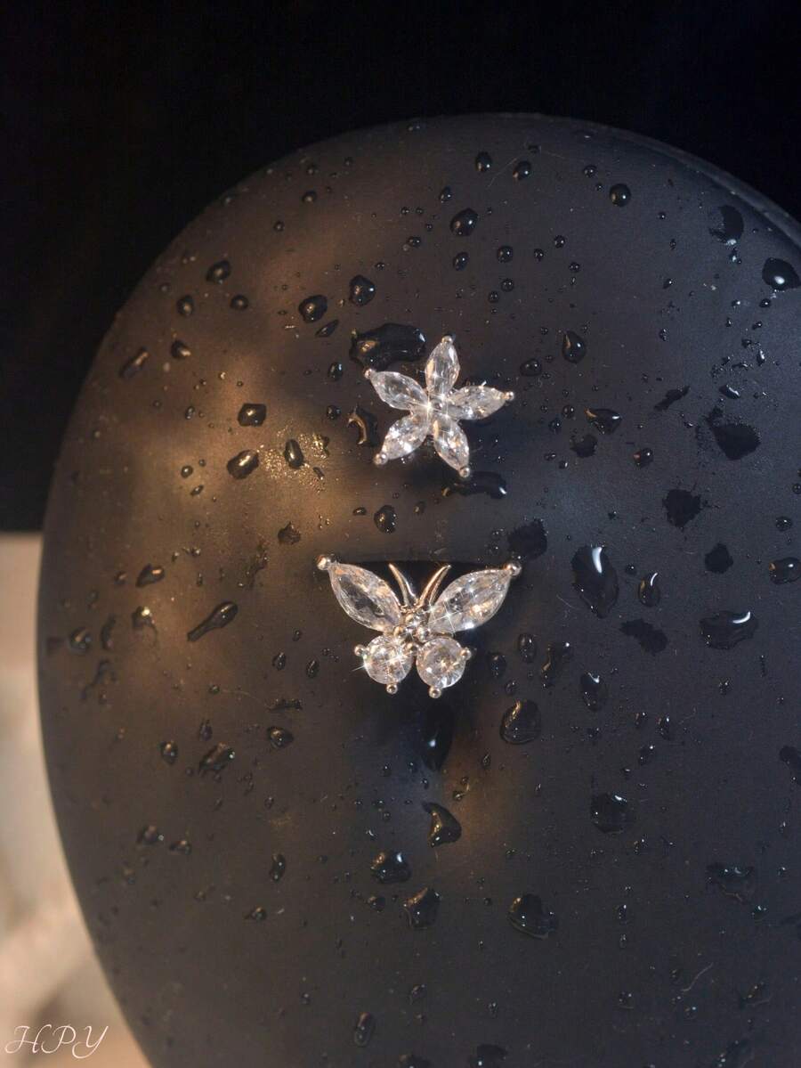 1件镀银弯杆肚脐环，花朵肚脐钉，金色肚脐环，医用不锈钢镶嵌闪亮锆石，蝴蝶造型，适合女性日常佩戴、节日礼物、约会和派对。