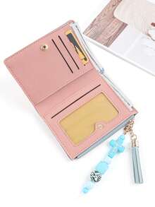 Carteira Bifold de Couro PU com Blocos de Cor para Mulheres, Chaveiro com Borla de Contas de Cruz de Jesus, Porta-Moedas com Zíper, Porta-Cartões Múltiplos e Identidade, Mini Carteira, Presente Cristão para Senhoras - 2244 - Visão 3