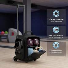 Dual Ball Rolling Carrier 31x12x17in For Bowling Alley Tournament Practice, Padded Compartment Shoe Pocket Retractable Handle Heavy Duty Wheels 600D Fabric 2-Ball Capacity Accessory Storage Adjustable Pull Bar-XY102762 - Multicolor - View 4