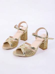 1 Pair Teen Gold Glitter Cross Strap Buckle High Heel Sandals With Rhinestone Pendant, Suitable For Evening Party - Gold - View 4