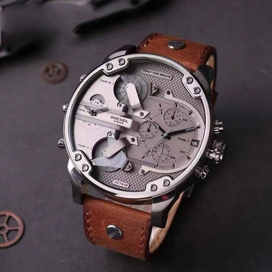 Men Diesel DZ7413Z Industrial Multi-Time Zone Wrist Watch, Grey Gradient Dial Calendar Retro Cowhide Band 3 Bar Hip Hop Fashion Quartz Watch - one-size - View 1