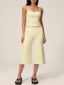 TimeOff Women's One Set Solid Color Adjustable Strap Camisole Tank Top & Wide Leg Mid-Length Pants Sports Set - Yellow - View 7