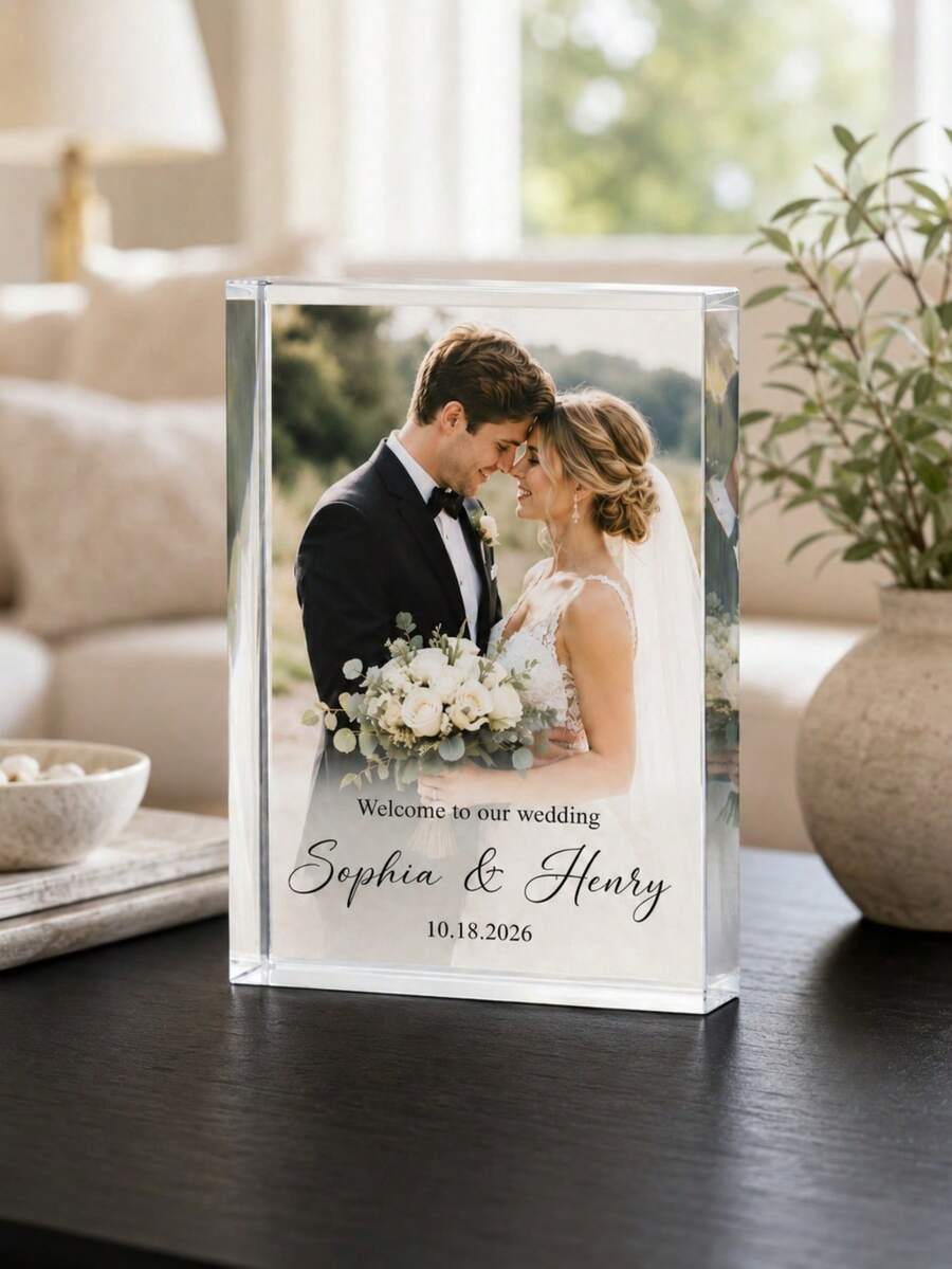 Placa de acrílico con foto personalizada, regalo de bloque de acrílico personalizado para boda, adecuado para novio y novia, adorno decorativo para el hogar con nombre y fecha personalizados grabados - Multicolor - Ver 1
