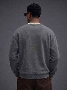 Camvyn Men's Autumn/Winter Casual Versatile Patchwork Loose Drop Shoulder Crew Neck Sweatshirt - Dark Grey - View 2