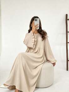 Conservative Abaya Long Dress With Ruffle Cuffs, Pleated Fabric Layered Waist Muslim Long Dress, Casual Islamic Clothing - Multicolor - View 20