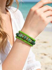 1 buah Gelang Manik-Manik Hijau Berlapis yang Dapat Diatur, Aksesori Perhiasan Liburan Pantai Musim Panas Gaya Boho Chic untuk Wanita dan Sahabat Terbaik - Hijau - View 1