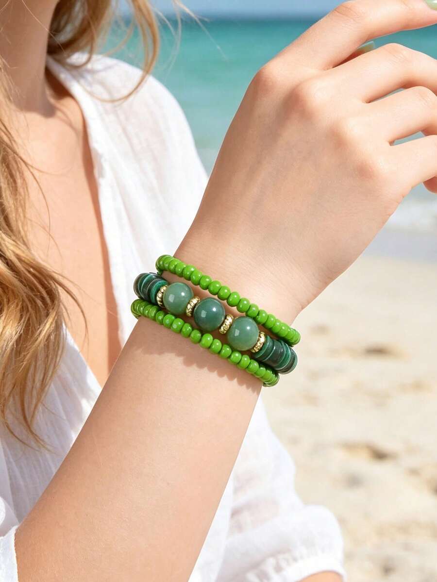 1 buah Gelang Manik-Manik Hijau Berlapis yang Dapat Diatur, Aksesori Perhiasan Liburan Pantai Musim Panas Gaya Boho Chic untuk Wanita dan Sahabat Terbaik - Hijau - View 1