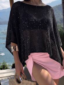 優雅女款春夏時尚休閒度假海灘風粉色針織鏤空亮片船領純色半透視連帽上衣黑色 - 黑色 - 查看 4