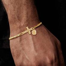 1 pieza Pulsera de cadena de acero inoxidable color dorado con inicial y bloque de cruz simple para hombres - Amarillo Oro - Ver 1