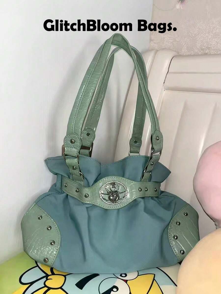Y2K復古皇冠印花鉚釘肩背托特包，不含免費吊飾