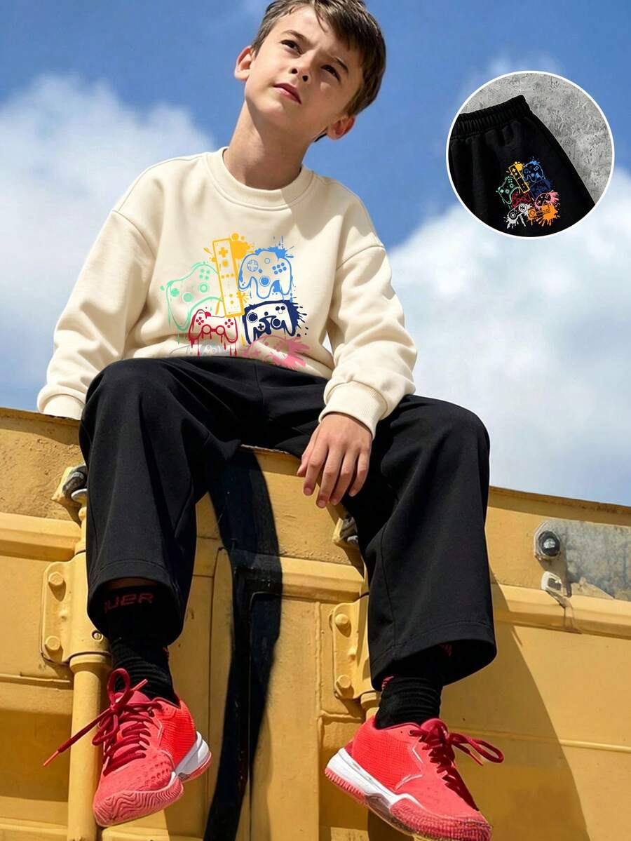 Conjunto de 2 piezas/Set Sudadera de cuello redondo y pantalones con estampado de controlador de juego de graffiti colorido para niños, moda de otoño/invierno, estilo nuevo y cómodo - Multicolor - Ver 1