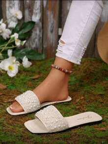 Gentle Pearl Rhinestone Square Toe Slide Sandals For Women, Summer Vacation Beach Outdoor Flat Slippers - Beige - View 3