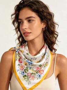1pc 65*65cm White Base Colorful Mixed Rose Floral Print Satin Imitation Silk Scarf, Thin Multi-Use Scarf For Neck/Shawl/Waist, All Seasons Daily Party - Multicolor - View 1