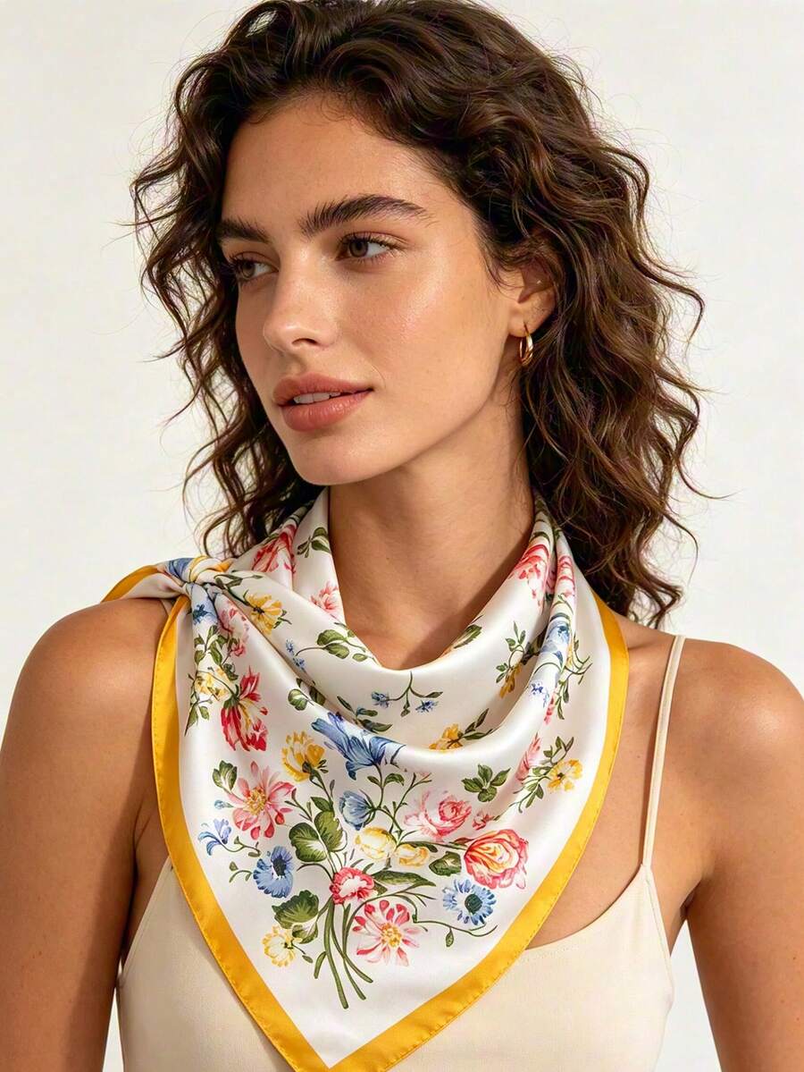1pc 65*65cm White Base Colorful Mixed Rose Floral Print Satin Imitation Silk Scarf, Thin Multi-Use Scarf For Neck/Shawl/Waist, All Seasons Daily Party - Multicolor - View 1
