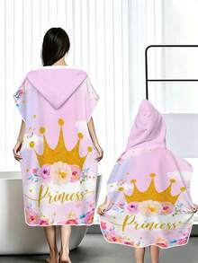 1 pieza Toalla de baño con capucha con patrón de corona de princesa rosa y dorado, estilo moderno de fibra ultrafina rectangular absorbente, capa de cambio multifuncional, toalla de baño adecuada para baño interior, playa exterior, toalla de baño, bata de baño, adecuada para parejas y temporada de bodas y mejores amigos, amigos, familia, regalos de cumpleaños y regalos de vacaciones - Multicolor - Ver 2