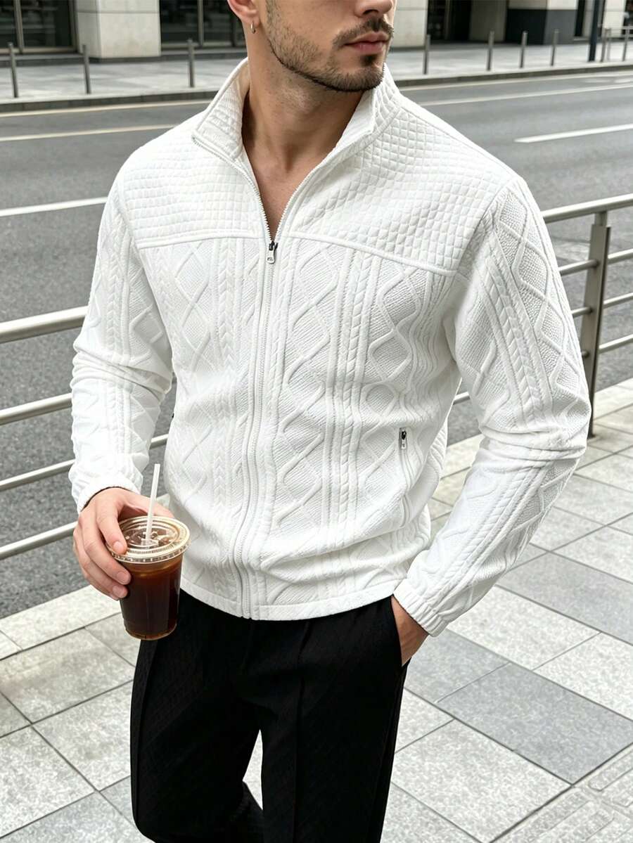 1pc Men's Jacquard Textured Full Zip Stand Collar Sweatshirt, Lightweight Knit Sweatshirt, Casual Daily Commute Streetwear Style, Spring/Autumn - White - View 1