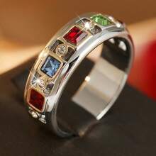 Light Luxury Contrast Color Women's Ring, Inlaid With Multi-Color Square Synthetic Zirconia Handmade Accessory, Perfect For Daily, Party, Banquet, Photography, Elegant Birthday Holiday Gift Jewelry - Silver - View 5