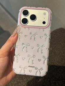 Funda de teléfono de lujo con pantalla completa, lazo, corazón, brillo, asimétrica, con patrón de strass y lentejuelas, color rosa, compatible con iPhone 17 Pro Max, 17 Pro, 16 Pro Max, 15 Pro Max, 13, 14 Pro Max, 16 Plus, 12 Pro Max, 11, con colgante de perla, suave, con purpurina, protectora, regalo - arco amor corazon - Ver 4