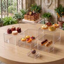 1/6 piezas Soporte de exhibición de acrílico para buffet, estante de exhibición de alimentos, adecuado para mesa de buffet, caja cúbica hueca para postres, estante de almacenamiento cúbico blanco para escritorio, adecuado para exhibición de postres y pasteles en fiestas, bodas y otras festividades, regalo de inauguración de casa - transparente - Ver 11
