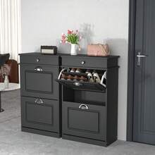 Schuhschrank für den Eingangsbereich – Lackierter Schuhschrank – Doppelschubladen mit großer Lagerkapazität – Stabile Struktur – Humanisierte Griffe – Schlichtes Design – 82 x 52 x 23 cm - Schwarz - Übersicht 3