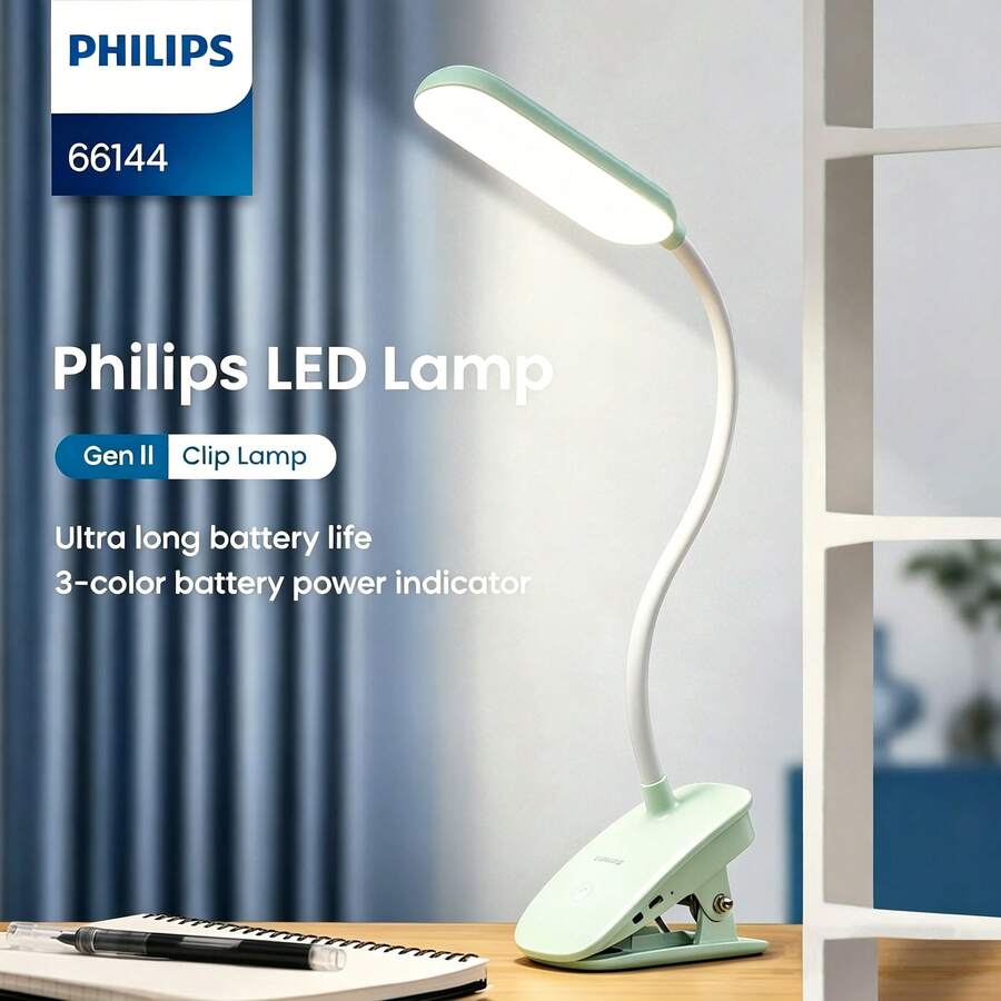 PHILIPS Lampu Meja LED dengan Cahaya LED Ramah Mata dan Klip Logam, 3 Tingkat Kecerahan yang Dapat Diatur, Bertenaga Baterai/Port USB, Lampu Baca Leher Angsa Fleksibel untuk Rumah dan Kantor - hijau - View 1