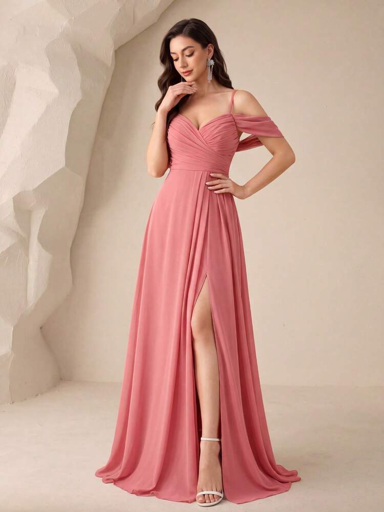 spaghetti strap full skirt bridesmaid dress Backless With Ruched Bust, Cinched Waist, High Slit, Skirt, Elegant Gown Dress Color:Hunter-Green vintage black dress black and white check off the shoulders prom dress formal dress Formal & Black Tie Time @type handling