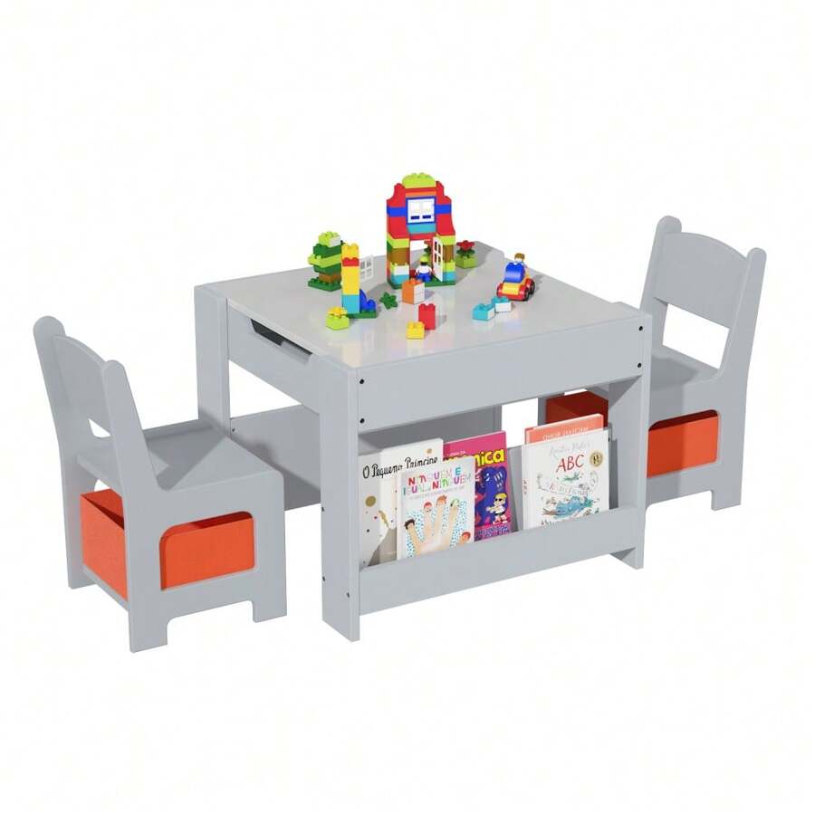 4-in-1 Multi-Functional Kids Activity Table and Chairs Set – Wooden Furniture with Detachable Erasable Top, Storage Drawers, Bookshelves – Perfect for Reading, Art, Playroom - Gris - Ver 1