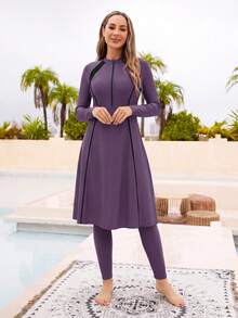 WaveBikini Burkini 女款保守式泳衣套裝，UPF 防曬，拉鍊長袖拼色中長泳裙，適合海灘與浮潛 - 彩色 - 查看 7