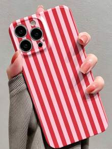 1pc French Style Red & Pink Vertical Striped Phone Case, Ins Soft Girl Aesthetic - Multicolor - View 1