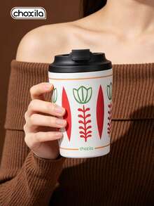 choxila 1pc 350ml Vintage Tulip Floral Vacuum Insulated Tumbler, White Stainless Steel Travel Coffee Mug With Leak-Proof Lid, Suitable For Car/Office And Daily Use, Perfect For Women, Girls And Commuters - Red and White - View 2