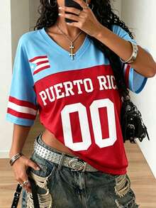 Camiseta deportiva holgada vintage americana de Puerto Rico "00", cuello en V rojo & azul con estampado de bandera, talla grande para mujer, estilo callejero Y2K casual de manga corta para verano - Multicolor - Ver 1