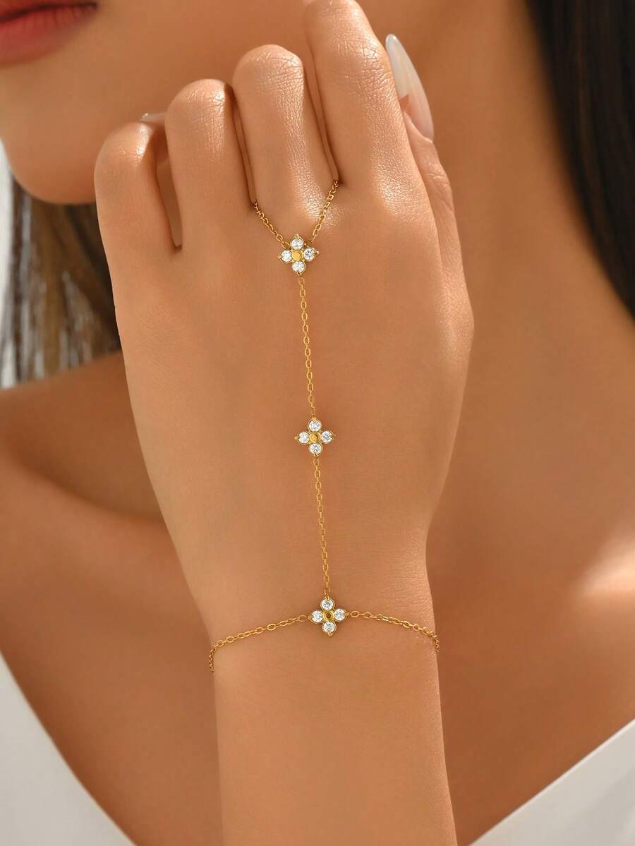 LIEBEIRIS 1pc 18K Gold Plated Flower Stone Inlaid Stainless Steel Finger Bracelet, Suitable For Women's Daily Wear And Gift Giving - Yellow Gold - View 1