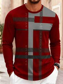 Vintage Red & Grey Plaid Patchwork Long Sleeve T-Shirt, Men's Rhinestone Letter Print Crew Neck Sports Casual Top - Multicolor - View 1